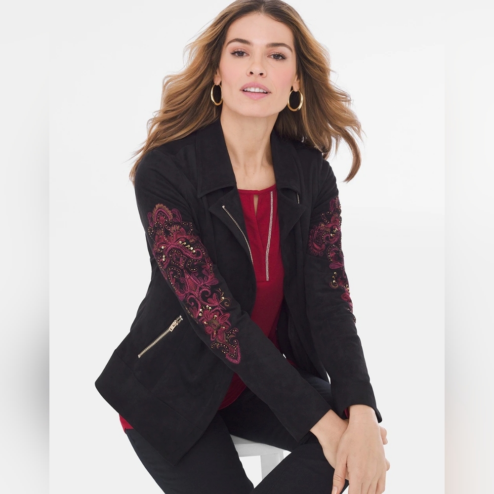 Chicos Sueded Embroidered-Sleeve Moto Jacket - Picture 2 of 11